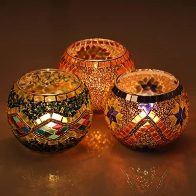 Afbeelding van Belle Vous Glas in Lood Votief Theelichten &amp; Kandelaar Set (3 Pak) B10,2 x H7,8 cm Mozaïek Ronde Kopstukken Huis Ornament, Bruiloft Tafel Decoratie Aromatherapie Geschenk