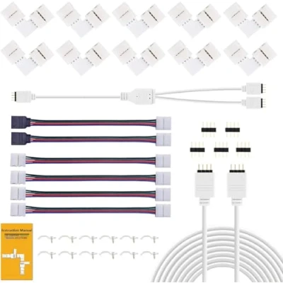 Afbeelding van REDTRON LED Strip connector, verlenging, hoekverbinding, bevestigingsclips, voor 10 mm 4 polig RGB 5050