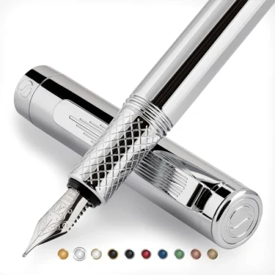Afbeelding van Scriveiner Luxe EDC vulpen (medium), prachtige zware zakpen met chrome afwerking, Schmidt 18K vergulde punt, converter, beste schrijfpen cadeauset voor mannen en vrouwen