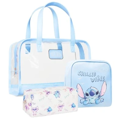 Afbeelding van Disney Stitch toilettassen, set van 3, waszak met ritssluiting en make uptas Gifts, Blauw/Wit, Eén maat, Beauty Case