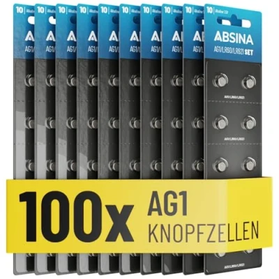Afbeelding van ABSINA AG1 LR621 knoopcellen, verpakking van 100 stuks, 1,5 V alkaline lekvrij en met lange houdbaarheid, LR60, SR60, 1175S0, 164/602, 364, V30, SR621, knoopcelbatterijen, batterij