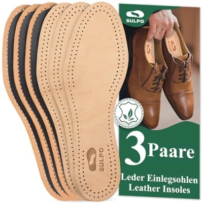 Afbeelding van SULPO 3 paar leren inlegzolen met actieve kool tegen zweetvoeten, voor dames en heren, anti zweet, geurabsorberende zolen, ademend, echt natuurlijk mat, leer, maten 36 48