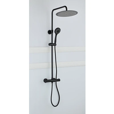 Afbeelding van Saniclear Nero mat zwart opbouw regendouche 30cm met thermostaatkraan en 3 standen handdouche