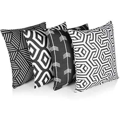 Afbeelding van Penguin Home 100% Katoen Decoratieve Dubbelzijdige Vierkante Kussenhoezen Met Onzichtbare Rits 4 Delige Set, 45 cm Lengte x Breedte, Zwart/Wit Patroon,