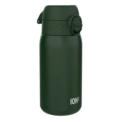 Afbeelding van Ion8 Roestvrijstalen Kinderwaterfles, 400 ml/13 oz, Lekvrij, Makkelijk te Openen, Veilige Vergrendeling, Vaatwasserbestendig, Flipdop, Draaggreep, Duurzaam, Metalen Drinkfles, Donkergroen
