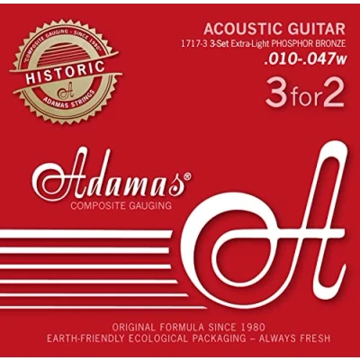 Afbeelding van Adamas Akoestische Gitaarsnaren Phosphor Bronze Historic Reissue 3 delige set Extra Light .010 .047 1717