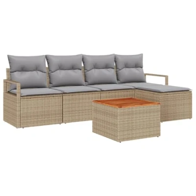 Afbeelding van vidaXL 6 delige tuin sofa set met kussens Beige Poly Rattan Acacia, 2 persoons
