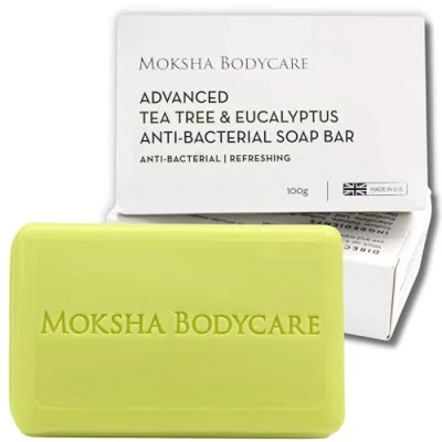 Afbeelding van Moksha Tea Tree Olie en Eucalyptus Zeep Bar [Gemaakt In U.K] Schimmeldodende Scrub voor Acnevlekken Mee eters Parabenen wreedheid GRATIS 100g