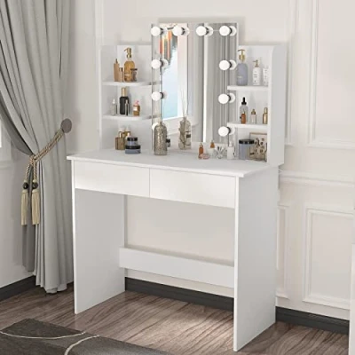 Afbeelding van WOLTU Kaptafel met LED Verlichting Hollywood, Spiegel, Cosmeticatafel 2 Laden en 4 Open Planken, Make up Tafel Modern voor Slaapkamer gemaakt van Hout, Wit MB6096ws