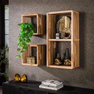 Afbeelding van Fraaai Rodrick wandschap set van 3 rib teakhout verweerd Hout