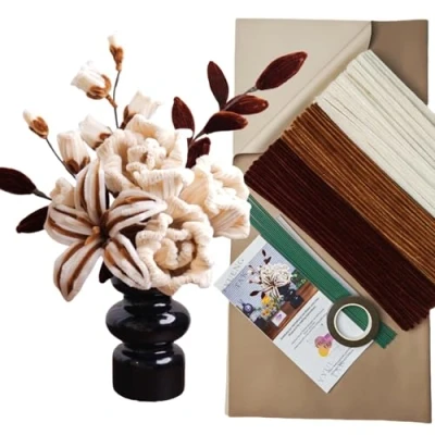 Afbeelding van YYUENGTAK Vintage Bruine Pijpenreiniger, bloemenset, met 200 stuks pijpenrassers voor het knutselen van bloemen (3 kleuren), instructies, 12 knutseldraad, cadeaupapier, cadeaulint, bloemenlint,