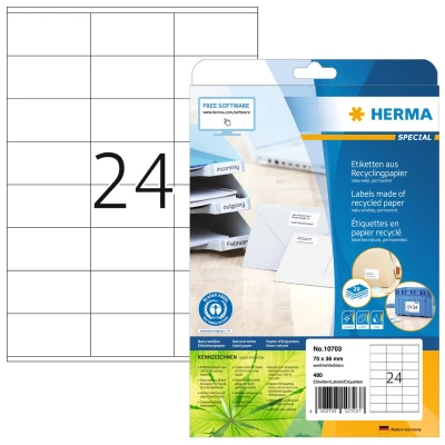 Afbeelding van HERMA 10703 Recycling etiketten DIN A4 (70 x 36 mm, 20 vellen, gerecycled papier, mat) zelfklevend, bedrukbaar, permanent hechtende adreslabels, 480 zelfklevende etiketten, natuurlijk wit
