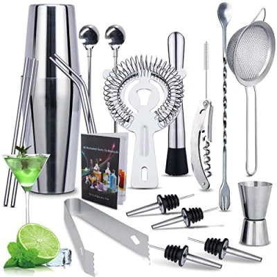 Afbeelding van MAISITOO Cocktailset, roestvrij staal, cocktailshakerset, 20 delige cocktailbarset, barkeeperset, cocktailmixset voor thuis/bar, met receptenboek, 750 ml, cocktailcadeauset