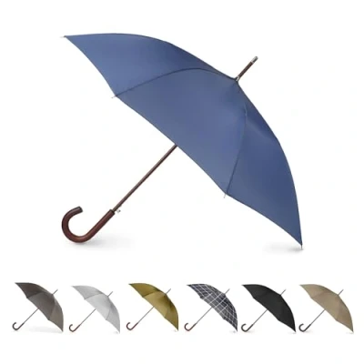 Afbeelding van Totes Eco Auto Open Paraplu Klassiek houten J stick handvat met gemakkelijke grip winddicht, regendicht en duurzaam luifelontwerp veelzijdig reizen, perfect voor regenachtige dagen, Blauw, Eén