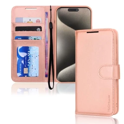 Afbeelding van TECHGEAR Leren portemonneehoesje voor iPhone 15 Pro Max, flip beschermhoesje met portemonnee kaarthouder, standaard en polsband, roségoud PU leer magnetische sluiting, ontworpen