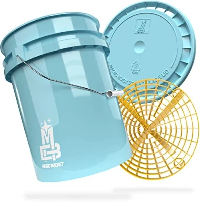 Afbeelding van MAGIC BUCKET Autohandwasbundel, wasemmer met bijpassende immerdeksel, ca. 20 liter, Grit Guard emmerinzetstuk vuilzeef, wasset, blauw/geel