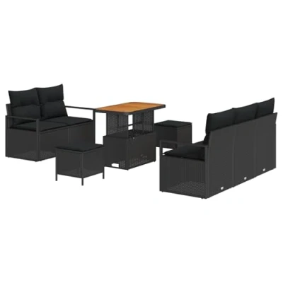 Afbeelding van vidaXL 8 delig tuinbankstel met kussens zwart poly rattan acacia, 2 persoons tuinbank rattan, 3 tuin eetset acacia
