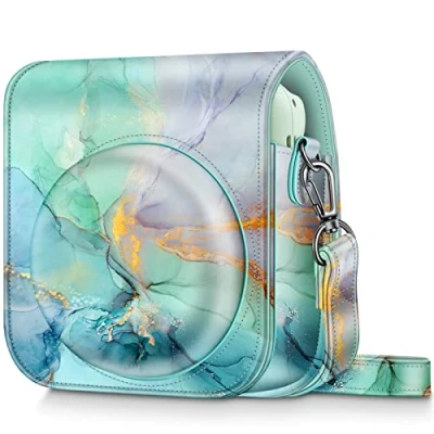 Afbeelding van FINTIE beschermhoes compatibel met Fujifilm Instax Mini 12 Instant Camera Kunstleer Tas Reizen Cover Case Afneembare Schouderriem, Z Marmer Smaragd, Harde