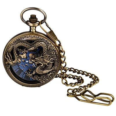 Afbeelding van JewelryWe Hollow Quartz Zakhorloge Ketting Legering Vintage Mechanische Horloges Kleur Brons Zwart, Draak