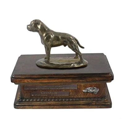 Afbeelding van Art Dog Custom Sitting Statue Memorial Urn Handgemaakt koud gegoten brons op berkenhouten voet 8,3x11,4x8,7 5l Engelse Staffordshireterriër I