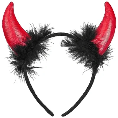 Afbeelding van Balinco Halloween duivelsoren, haarband, duivels outfit, duivelshoorns, rood/zwart, glitter, sexy dameskleding, satan hoofdtooi, carnaval