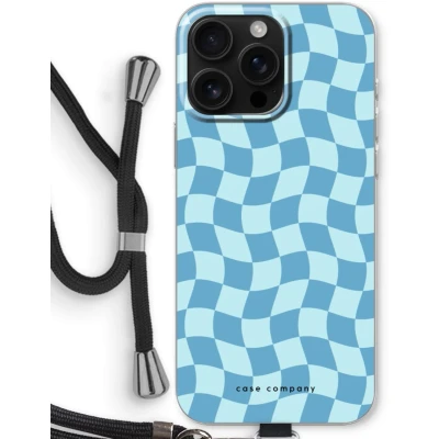 Afbeelding van Case Company® hoesje met Koord geschikt voor iPhone 16 Pro Max Grid Blauw Telefoonhoesje Zwart Bescherming aan alle Kanten en Over de Schermrand