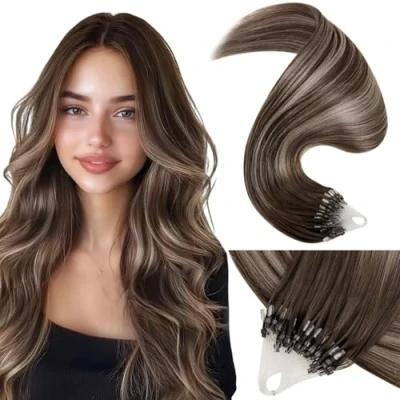 Afbeelding van LaaVoo Micro Ring Hair Extensions Echt Menselijk Haar Balayage Donkerbruin naar Donkerblond met Loop Straight Beads 45cm 50s 50g #4/18/4