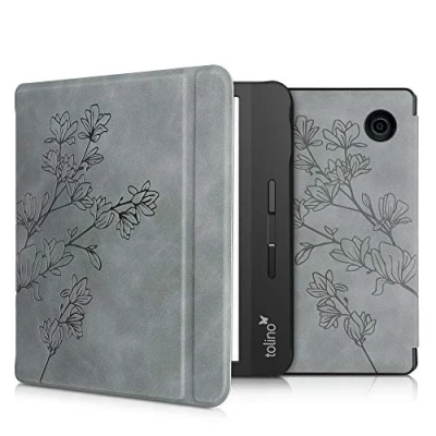 Afbeelding van kwmobile e reader hoesje compatibel met Tolino Vision 5 Kunstleren ereader cover stand Magnolia in grijs