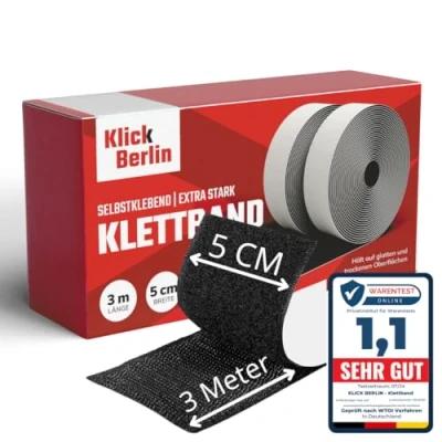 Afbeelding van Klick Berlin klittenband, zelfklevend, extra sterk, 5 cm x 3 m, plakt op vele oppervlakken, klittenbandsluiting, 50 mm breed, meter lang, zwart