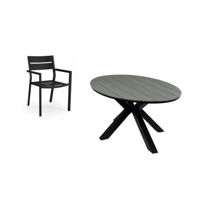 Afbeelding van 4 Seizoenen Tuinmeubelen 5 delige tuinset Delia stapelbare tuinstoelen (Black) 180cm ovale Cyprus tuintafel (Grey)