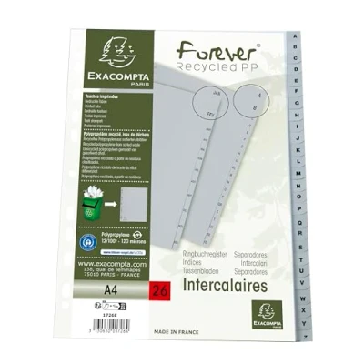 Afbeelding van Exacompta Ref. 1726E Karton met 20 grijze tabbladen van gerecycled polypropyleen 26 tabs alfabetische print A tot Z A4 formaat Afmetingen 22,5 x 29,7 cm Blauer Engel