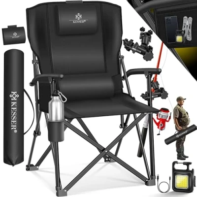 Afbeelding van KESSER® Campingstoel, opvouwbaar tot 160 kg, visstoel, klapstoel, gevoerd met armleuningen, campinglicht en bekerhouder + tas hoge rugleuning, strandstoel hengelhouder