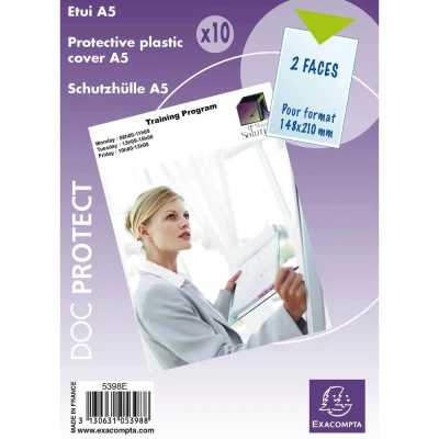 Afbeelding van Exacompta Ref. 5398E Pak van 10 beschermingsetuis enkel, 2 zichten, voor het beschermen A5 formaat (14,8 x 21 cm) In glad 20/100e PVC Intensief gebruik Kleur: kristal