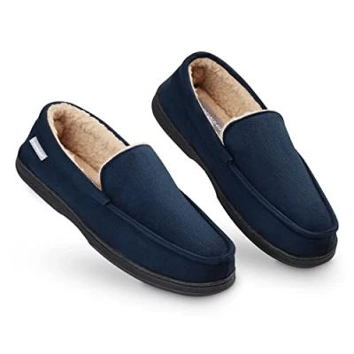 Afbeelding van Dunlop Mocassins, slippers voor heren, nepbont, met rubberen zool en traagschuim, huisslippers, binnenschoenen, geschenk marineblauw, 45 EU