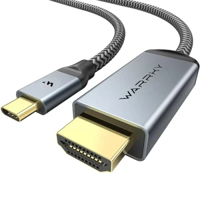 Afbeelding van WARRKY USB C naar HDMI 4K Kabel, [Vergulde, Gevlochten Kabel] 1M Type Kabel Compatibel met Thunderbolt 3/4, iPhone 15 Series, MacBook Air/Pro, iPad Pro, Surface, Dell, HP