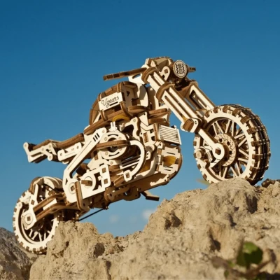 Afbeelding van Ugears Houten Modelbouw Scrambler UGR 10 Motor met Zijspan