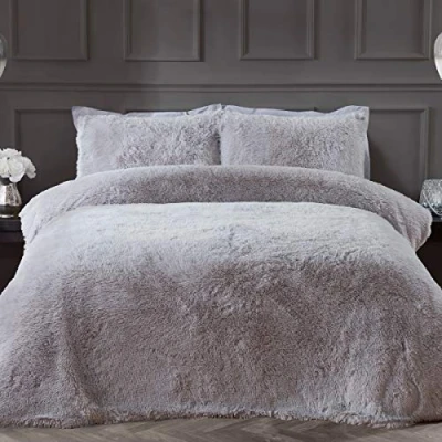 Afbeelding van Sleepdown Fleece luxe langpolige kunstbont zilver super zacht onderhoudsvriendelijk dekbedovertrek set met kussenslopen kingsize (220 cm x 260 cm)