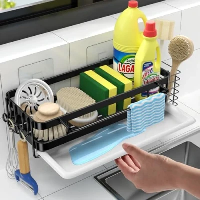 Afbeelding van GBLAVM spoelbakorganizer met afdruipbak, keukenorganizer hangend bij afvoerpan, sponshouder keuken, gootsteenorganizer, roestvrij stalen spoelbakorganizer,