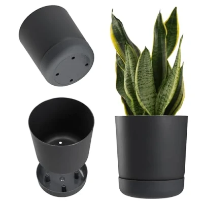 Afbeelding van KADAX Bloempot met onderzetter, kunststof plantenpot, minimalistische plantenbak, decoratieve pot voor bloemen, cactussen en kruiden (25 cm, antraciet)
