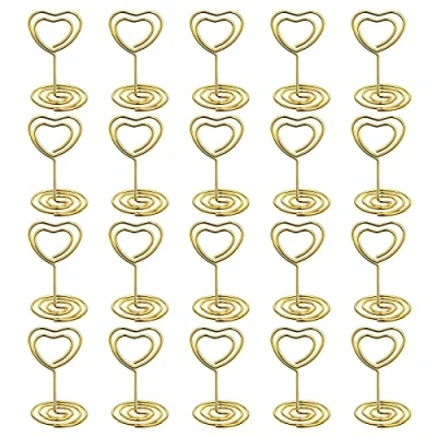 Afbeelding van Lahviuu Tafelkaarthouder, 20 stuks, kaartenhouder, menukaarthouder, fotohouder van metaal, plaatskaarthouder, clip, memohouder, tafelnummerhouder, voor bruiloft, feest, kantoor, restaurant (hart)