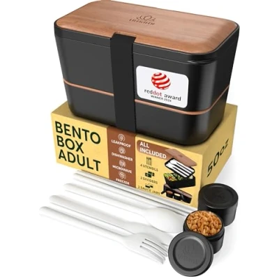 Afbeelding van Umami Premium Bento Box Volwassen, Ruimtebesparend Nestbaar Ontwerp met 4 gebruiksvoorwerpen, 2 Sauzenpotten, 100% Lekvrij, Magnetronbestendig, Vaatwasmachinebestendige lunchcontainers voor