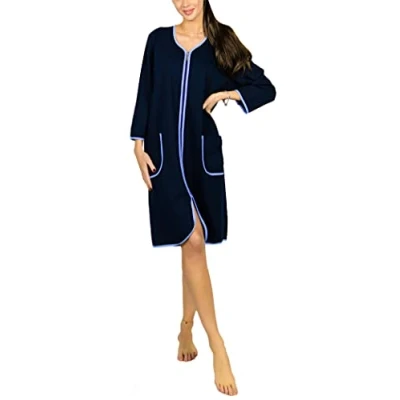 Afbeelding van Aquarti Dames Badjas Kamerjas met Rits 3/4 Mouwen Lichte, Donkerblauw, XXL