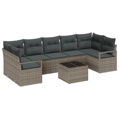 Afbeelding van vidaXL 8 delige Tuinsofa Set met Kussens Grijs Poly Rattan, 2 zits Opbergruimte &amp; Rattan