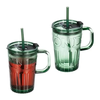 Afbeelding van Relaxdays drinkglazen met handvat set van 2 rietje en deksel limonadeglazen 450 ml groen