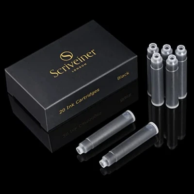 Afbeelding van 20 Pack korte zwarte inktcartridge voor vulpen Scriveiner Tintentpatronen Füller Schwarz Standard Füllerpatronen, Hergestellt in Großbritannien, Patronen für deinen Füller, Universalgröße passend viele Füllfederhalter