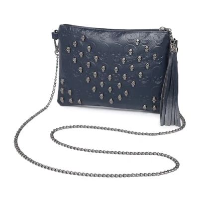 Afbeelding van Miss Lulu Clutches voor dames, gothic, punkstijl, schedel, handtas, zwarte ideale clutch vrouwen met kwastje hanger, marineblauw