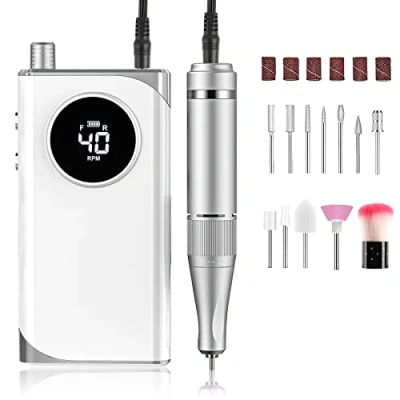 Afbeelding van elektrische nagelfrees voor gelnagels, professioneel, 40.000 rpm/min nagelvijl, freesmachine acrylnagels thuis en in de salon, led display (wit)