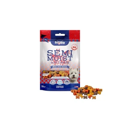 Afbeelding van Frigera Semi Moist Soft Treats Mini Mix Bones (9) 165g Zachte hondensnoepjes, lekkere beloning voor training en tussendoor, zonder toegevoegde suikers, geproduceerd in België.