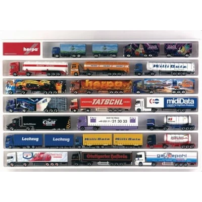Afbeelding van herpa 29254 29354 vrachtwagen showkast 1:87, hangvitrine voor trektochten, showcase, display, miniaturen, modelbouw, kunststof wit (64,5 cm x 45 3,5 cm)