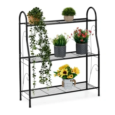 Afbeelding van plantenrek binnen 3 etages 83 x 71 24,5 cm metaal zwart